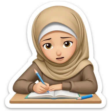 hijabi student doing homework looking stressed, suffering and crying sticker