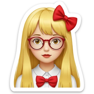 yellow skin girl with long straight hair, bangs, red bow on hair, round glasses sticker