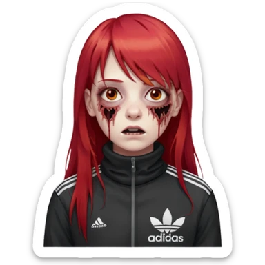 Crie um emoji de uma menina zumbi  com o cabelo vermelho longo com uma franja reta casaco de gola alta da adidas sticker