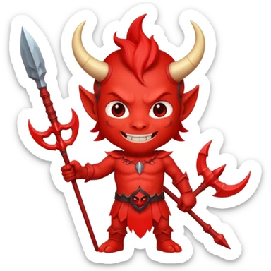 a Red devil, short horn Chibi red demon hold a trident sticker