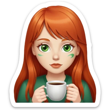 Red head white girl with green eyes and long hair and bang and coffee sticker