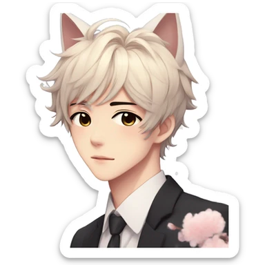 Gorgeous romantic anime style Asian formal modern shojo guy with cat ears and flowers and blushing face aesthetic trending style outside sticker