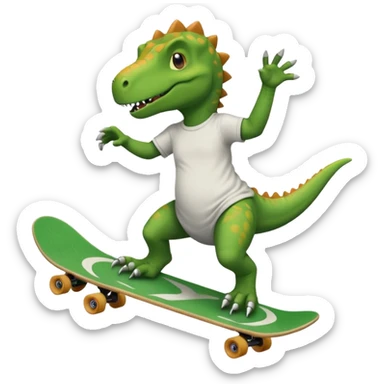 Dinosaur skateboarding at the skate park wearing a t-shirt and doing six seven and dancing sticker