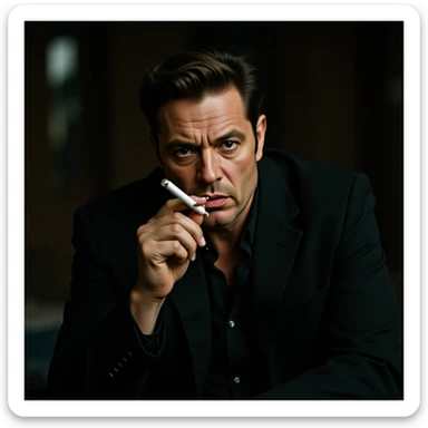 realistic illustration of Robert De Niro as Jimmy Conway in Goodfellas, sitting and smoking a cigarette, tense and contemplative expression, cinematic lighting sticker