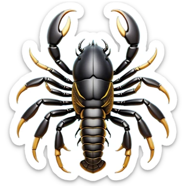 Cinematic Noble Emperor Scorpion Portrait Emoji, Poised and formidable, with a robust, armored build and a glossy, jet-black exoskeleton accented by striking, segmented pincers, deep-set piercing eyes, Simplified yet sharp and sophisticated features, highly detailed, glowing with a cool, dignified glow, high shine, intelligent and imposing, stylized with an air of ancient desert majesty, focused and attentive, soft glowing outline, capturing the essence of a watchful and commanding scorpion that feels as though it could silently creep out of the screen with effortless authority! sticker