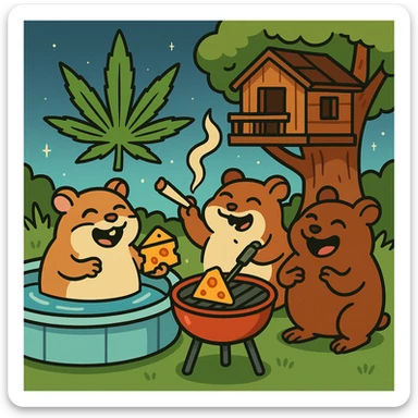Discord server icon, 512x512 px, square format, summer pool cookout scene with up to 3 hamsters laughing and having a good time, weed leaf, cheese, and THC theme, near a treehouse, in space. Flat toon style, more saturated colors, bold outlines, nostalgic, fun, inviting, summer party vibe, clear composition, crisp details, designed to look good even at tiny size. sticker