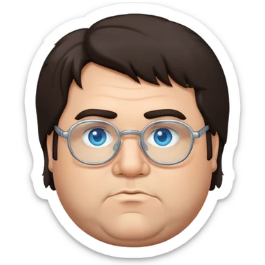 Fat man with shaggy dark hair and silver glasses and blue eyes sticker