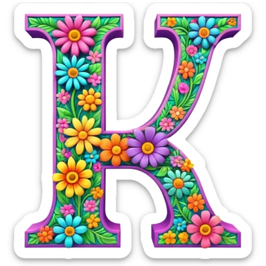 3D, gothic style psychedelic colored capital Letter L with hippie style flower border sticker
