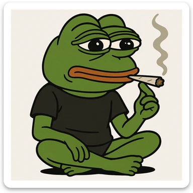 pepe the frog in a black shirt, sitting cross-legged, smoking a joint sticker