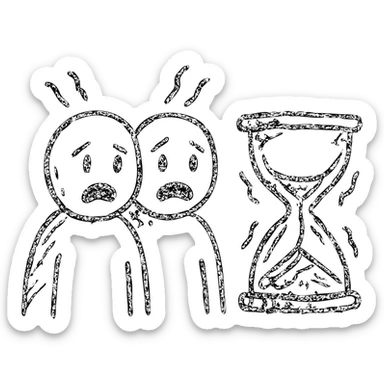 ultra-minimalist hand-drawn outlined icon of two figures, trembling clock or hourglass, extremely worn and eroded texture, anxious and stressed expressions, sense of terror sticker