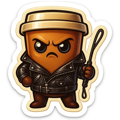 Tall coffee cup, dressed in leather holding a whipping crop, eyebrow furrowed sticker