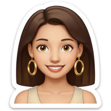 Emoji-style front-facing woman’s face, light skin tone, brunette hair, gold hoop earrings, round glossy finish, simple eyes and smile, smooth gradients and soft shadow — inspired by Apple emoji aesthetic sticker