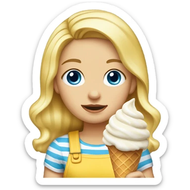 Girl with blonde hair, blue eyes, yellow striped shirt, holding vanilla ice cream cone sticker