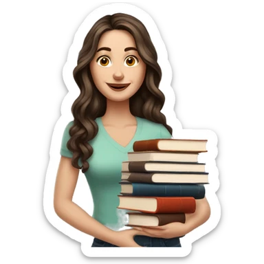 white woman brunette long wavy hair highlights woman while holding large stack of books sticker