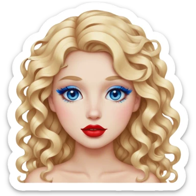 Blue eyeshadow and red lips with matching blush long blonde curly hair sticker