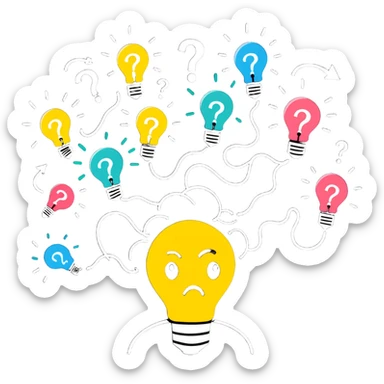 Person with a chaotic mind, swirling tornado of tangled thoughts around their head, containing question marks, light bulbs, and scribbles. The person has a bewildered, overwhelmed expression. sticker