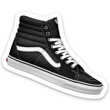 Ultra simplified pair of black Vans Sk8-Hi shoes in iOS emoji style, one positioned behind the other, flat colors, minimal design, essential details only sticker