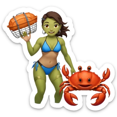 orc female Swimsuit with armored pauldrons, dragging a comically large crab trap sticker