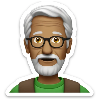 Old men in profile, gray hair, brown glasses on the nose, green crewneck, who says "jm'en fous" sticker