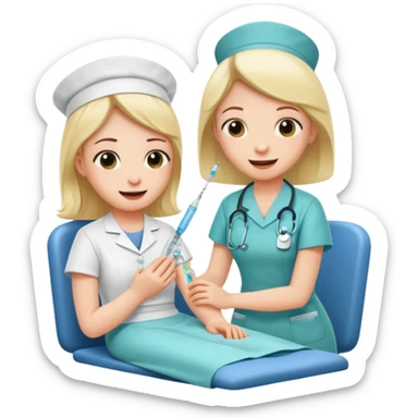 Create a cute, funny sticker-style story in a cartoon illustration.
Scene sequence shows a nervous patient getting an injection from a kind nurse.
 sticker