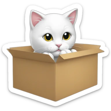 white kitty eats a box sticker