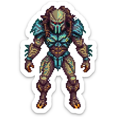 Make the pixel art Predator more menacing with a sharper mask, glowing eyes, an aggressive stance, and darker colors. Remove the background to isolate the subject. sticker
