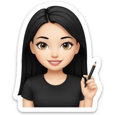 a pretty bratz girl with straight black hair wearing a black tshirt, eyeliner sticker