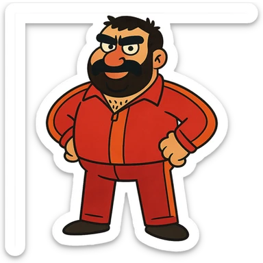 Recep İvedik, exaggerated features, big mustache, unibrow, red tracksuit, standing with hands on hips, vibrant toon style sticker