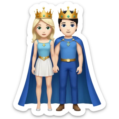 Prince with crown, blue cape and trousers, body and legs, black hair, blue eyes, woman blonde hair, green eyes, sexy white short sleveless dress,  sticker