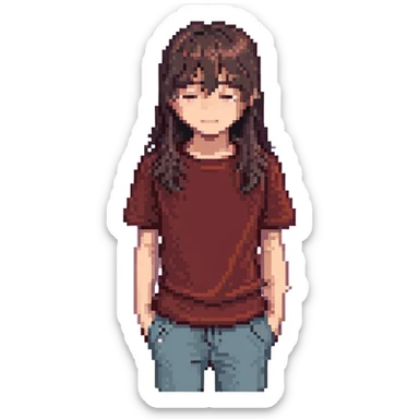 A boy with bangs covering his eyes, long hair sticking out at the back, and long side locks. He has brown eyes and dark brown hair, and is wearing a maroon t-shirt. sticker