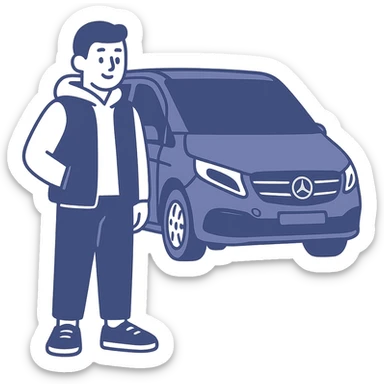 minimal flat icon style of a guy in a white hoodie, black vest, and sneakers, standing next to a black Mercedes V-Class van sticker