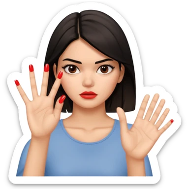 kendall jenner looking anoyed and showing her palm which is small signalising stop sticker