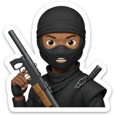 A black male in a ninja mask with a gun sticker