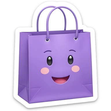 A cute emoji-style illustration of a purple paper shopping bag, pastel purple color, rounded shape, simple clean lines, kawaii style, soft shading, minimal details, centered composition, transparent background sticker