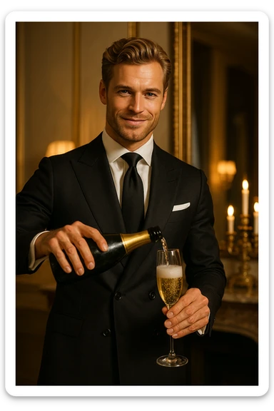 A rich, fit, blonde white man in a suit, confidently pouring champagne, exuding intelligence and luxury. sticker