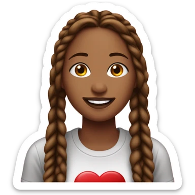 Light brown lady smiling, dark brown very long African braids, bright red lips, eyelashes, wearing red “happy Valentine’s Day” t shirt sticker