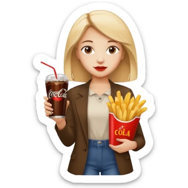 a young woman full length with cola in one hand and french fries in the other hand and a painting under her arm sticker