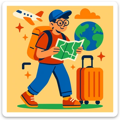 a student travelling, vibrant toon style sticker