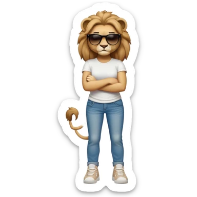 confident anthropomorphised female lion, full body, arms folded, wearing jeans, white t-shirt, dark sunglasses, trainers, looking determined sticker