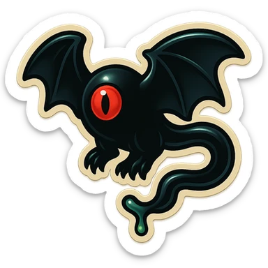 an all black reptilian bat-like creature. One cyclopian red eye in its face. no visible mouth or ears. 2 hind legs with claws. has a long tale with a stinger that drips green poison. no ears. no horns. no arms. sticker