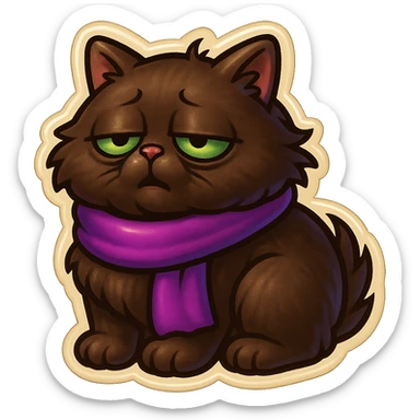 Fluffy sleepy tired dopey cute dark-brown cat with green eyes and a purple scarf  sticker