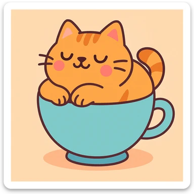 a cozy cat, nestled in a teacup, pastel cartoon style sticker