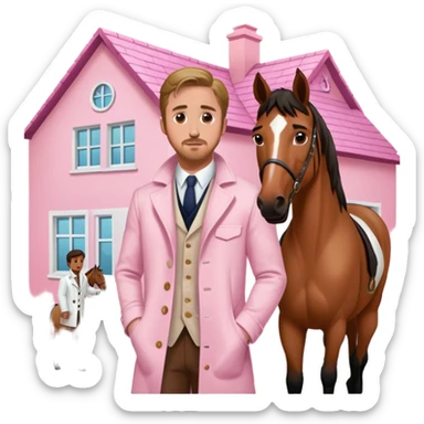 Ken playing by Ryan Gosling  in a pink house wearing a white coat standing next to a horse a horse ￼￼ sticker