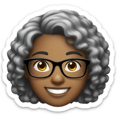 girl with black curly hair, square glasses and a big smile sticker