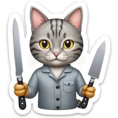 Gray tabby cat with a knofe sticker