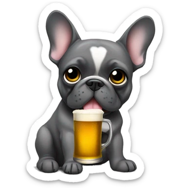 French bulldog dark grey holding a beer sticker