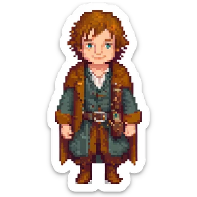 Whole body image of bilbo baggins from the lord of the rings  in pixel art style and formatted to fit emoji size for later adding to slack app sticker
