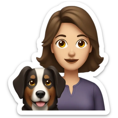 middle aged brunette woman with medium hair and shepard dog sticker