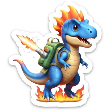 rocket-propelled dinosaur character, cute T-rex, rocket pack on its back, flames and smoke trail, dynamic flying pose, 3D cartoon, mobile game icon style, clean background, no text, no watermark
 sticker