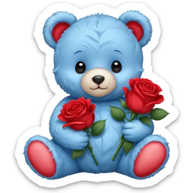 cute blue baby teddy bear holding roses  sticker